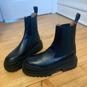 ZARA Chunky Black Leather Chelsea Lug Boots